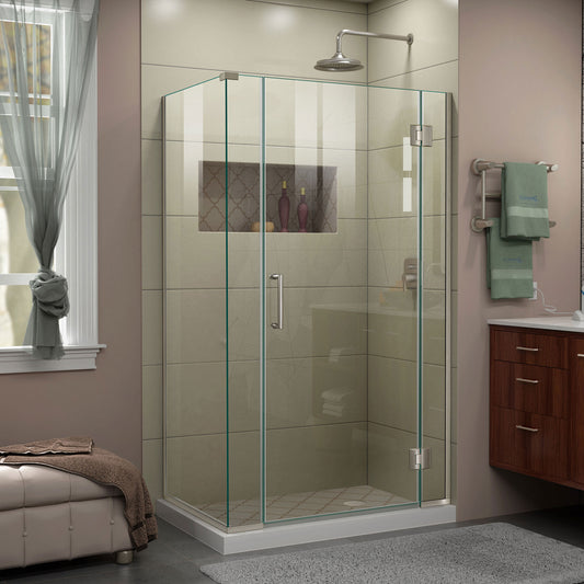 Unidoor-X 39 1/2  in. W x 34 3/8 in. D x 72 in. H Frameless Hinged Shower Enclosure in Brushed Nickel