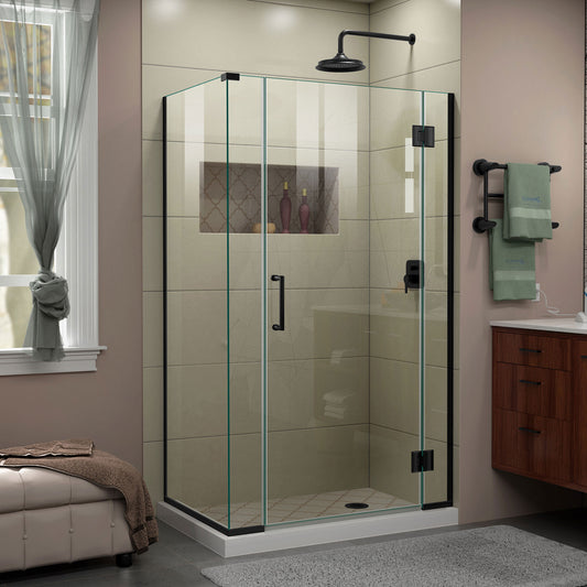 Unidoor-X 39 1/2  in. W x 34 3/8 in. D x 72 in. H Frameless Hinged Shower Enclosure in Satin Black
