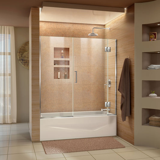 Unidoor-X 58-58 1/2 in. W x 58 in. H Frameless Hinged Tub Door in Chrome