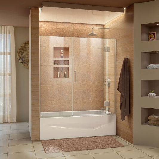 Unidoor-X 58-58 1/2 in. W x 58 in. H Frameless Hinged Tub Door in Brushed Nickel