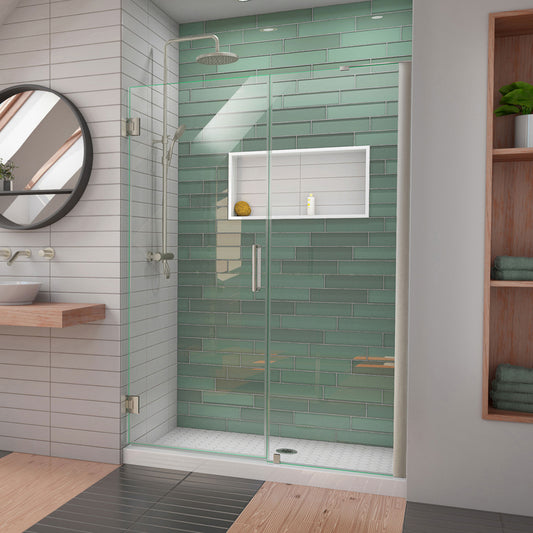 Unidoor-LS 47-48 in. W x 72 in. H Frameless Hinged Shower Door in Brushed Nickel