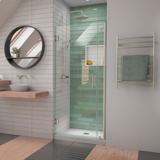 Unidoor-LS 33-34 in. W x 72 in. H Frameless Hinged Shower Door in Brushed Nickel
