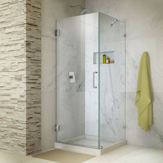 Unidoor Lux 30 3/8 in. W x 30 in. D x 72 in. H Frameless Hinged Shower Enclosure with Support Arm in Chrome