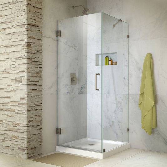 Unidoor Lux 30 3/8 in. W x 30 in. D x 72 in. H Frameless Hinged Shower Enclosure with Support Arm in Brushed Nickel