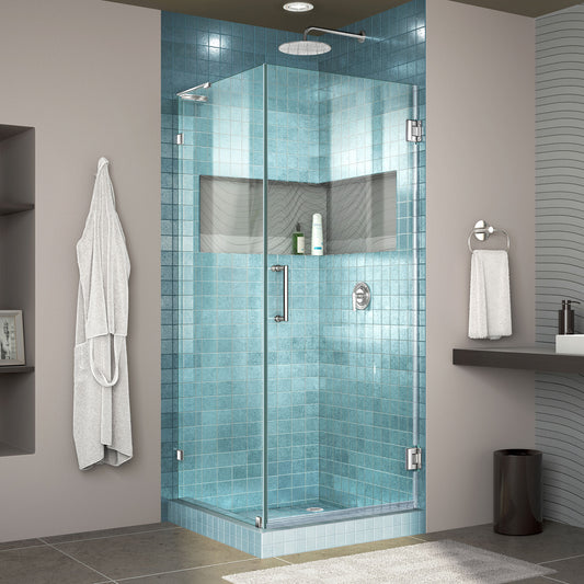 Unidoor Lux 30 3/8 in. W x 30 in. D x 72 in. H Frameless Hinged Shower Enclosure with L-Bar in Chrome