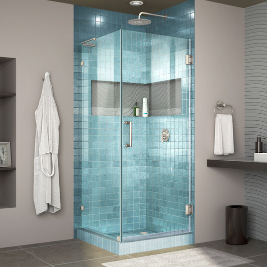 Unidoor Lux 30 3/8 in. W x 30 in. D x 72 in. H Frameless Hinged Shower Enclosure with L-Bar in Brushed Nickel