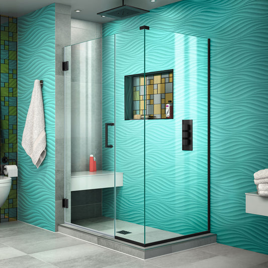 Unidoor Plus 38 1/2 in. W x 34 3/8 in. D x 72 in. H Frameless Hinged Shower Enclosure in Satin Black