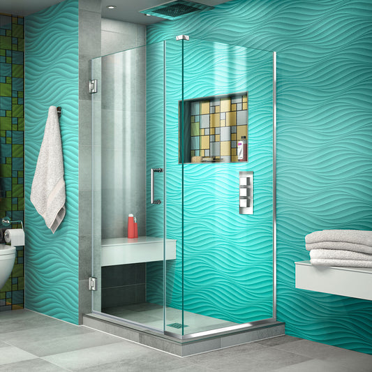 Unidoor Plus 29 1/2 in. W x 34 3/8 in. D x 72 in. H Frameless Hinged Shower Enclosure in Chrome