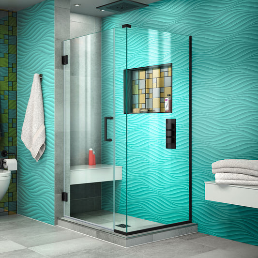 Unidoor Plus 29 in. W x 34 3/8 in. D x 72 in. H Frameless Hinged Shower Enclosure in Satin Black