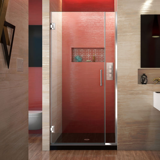 Unidoor Plus 29-29-1/2 in. W x 72 in. H Frameless Hinged Shower Door in Chrome