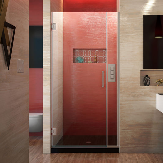 Unidoor Plus 29-29-1/2 in. W x 72 in. H Frameless Hinged Shower Door in Brushed Nickel