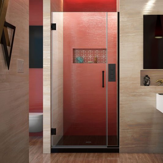 Unidoor Plus 29-29-1/2 in. W x 72 in. H Frameless Hinged Shower Door in Satin Black