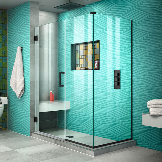 Unidoor Plus 52 1/2 in. W x 34 3/8 in. D x 72 in. H Frameless Hinged Shower Enclosure in Satin Black