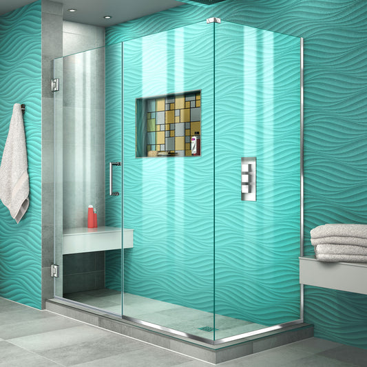Unidoor Plus 60 1/2 in. W x 34 3/8 in. D x 72 in. H Frameless Hinged Shower Enclosure in Chrome