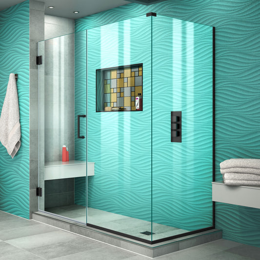 Unidoor Plus 60 1/2 in. W x 34 3/8 in. D x 72 in. H Frameless Hinged Shower Enclosure in Satin Black