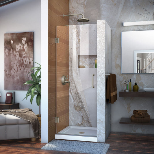 Unidoor 28 in. W x 72 in. H Frameless Hinged Shower Door in Brushed Nickel