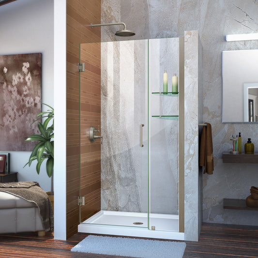 Unidoor 37-38 in. W x 72 in. H Frameless Hinged Shower Door with Shelves in Brushed Nickel