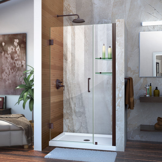 Unidoor 37-38 in. W x 72 in. H Frameless Hinged Shower Door with Shelves in Oil Rubbed Bronze