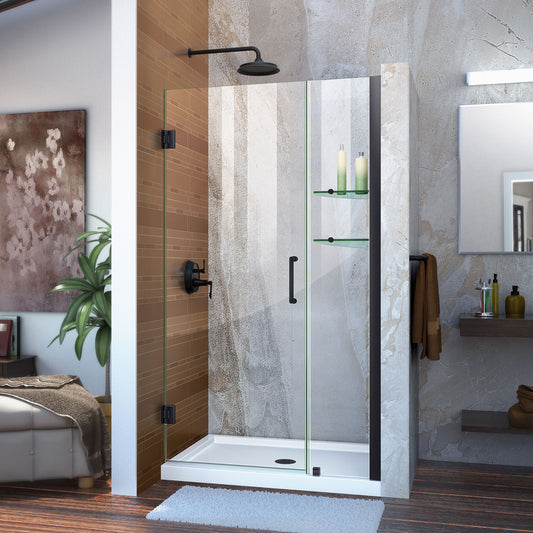 Unidoor 37-38 in. W x 72 in. H Frameless Hinged Shower Door with Shelves in Satin Black