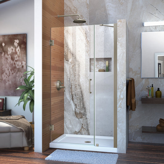 Unidoor 35-36 in. W x 72 in. H Frameless Hinged Shower Door with Support Arm in Brushed Nickel