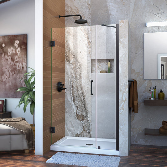 Unidoor 37-38 in. W x 72 in. H Frameless Hinged Shower Door with Support Arm in Satin Black