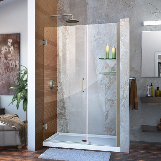Unidoor 43-44 in. W x 72 in. H Frameless Hinged Shower Door with Shelves in Brushed Nickel