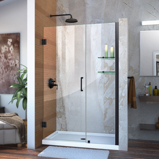 Unidoor 44-45 in. W x 72 in. H Frameless Hinged Shower Door with Shelves in Satin Black