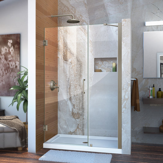 Unidoor 47-48 in. W x 72 in. H Frameless Hinged Shower Door with Support Arm in Brushed Nickel