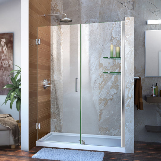 Unidoor 48-49 in. W x 72 in. H Frameless Hinged Shower Door with Shelves in Chrome