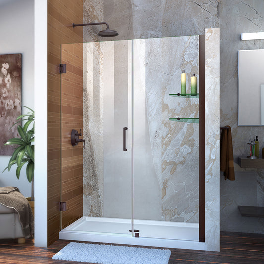Unidoor 48-49 in. W x 72 in. H Frameless Hinged Shower Door with Shelves in Oil Rubbed Bronze