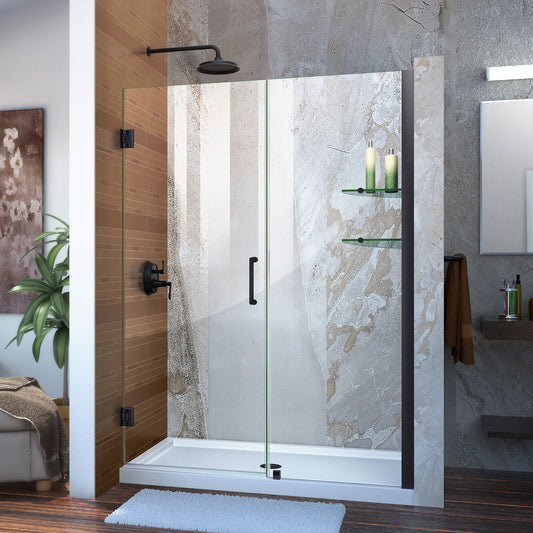 Unidoor 48-49 in. W x 72 in. H Frameless Hinged Shower Door with Shelves in Satin Black