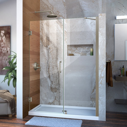 Unidoor 52-53 in. W x 72 in. H Frameless Hinged Shower Door with Support Arm in Brushed Nickel