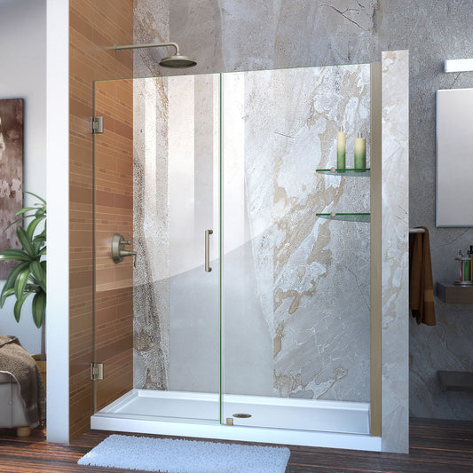 Unidoor 60-61 in. W x 72 in. H Frameless Hinged Shower Door with Shelves in Brushed Nickel