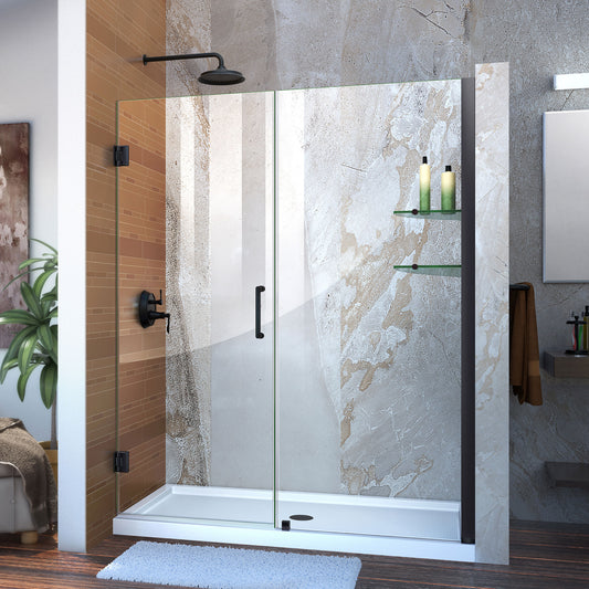 Unidoor 60-61 in. W x 72 in. H Frameless Hinged Shower Door with Shelves in Satin Black