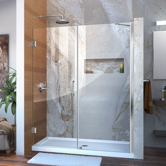 Unidoor 60-61 in. W x 72 in. H Frameless Hinged Shower Door with Support Arm in Chrome