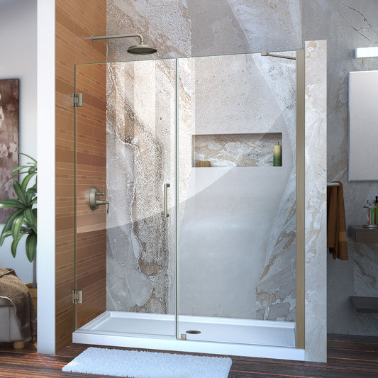 Unidoor 60-61 in. W x 72 in. H Frameless Hinged Shower Door with Support Arm in Brushed Nickel