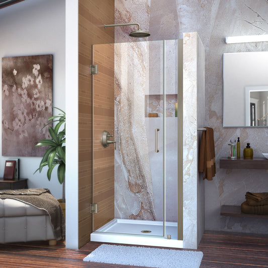 Unidoor 29-30 in. W x 72 in. H Frameless Hinged Shower Door in Brushed Nickel
