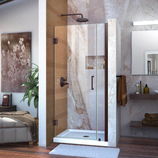 Unidoor 33-34 in. W x 72 in. H Frameless Hinged Shower Door in Oil Rubbed Bronze