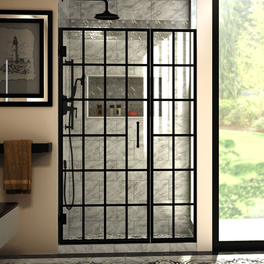 Unidoor Toulon 46-46 1/2 in. W x 72 in. H Frameless Hinged Shower Door in Satin Black