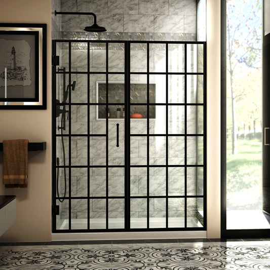 Unidoor Toulon 58-58 1/2 in. W x 72 in. H Frameless Hinged Shower Door in Satin Black
