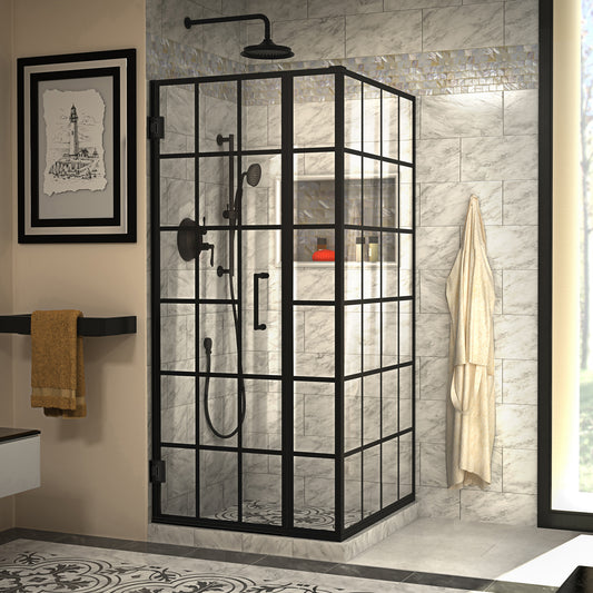 Unidoor Toulon 34 in. D x 34 in. W x 72 in. H Frameless Hinged Shower Enclosure in Satin Black