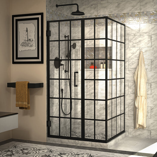 Unidoor Toulon 34 in. D x 40 in. W x 72 in. H Frameless Hinged Shower Enclosure in Satin Black