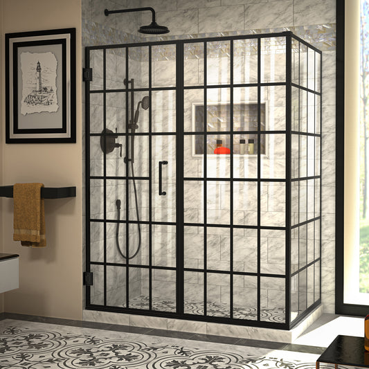 Unidoor Toulon 34 in. D x 58 in. W x 72 in. H Frameless Hinged Shower Enclosure in Satin Black