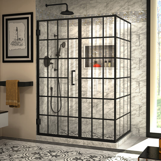 Unidoor Toulon 34 in. D x 52 in. W x 72 in. H Frameless Hinged Shower Enclosure in Satin Black