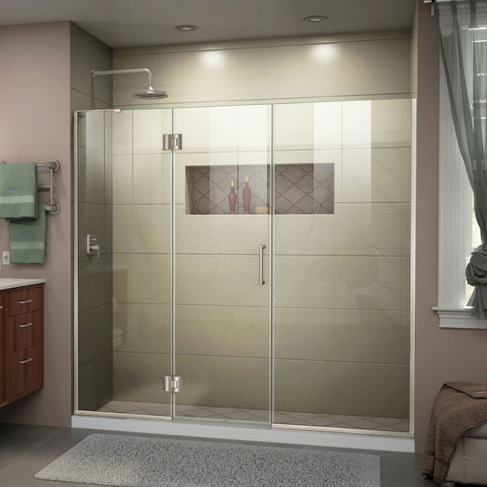 Unidoor-X 68 1/2-69 in. W x 72 in. H Frameless Hinged Shower Door in Brushed Nickel