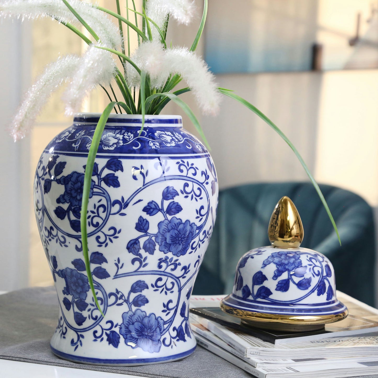Ceramic 14" Temple Jar Blue/white