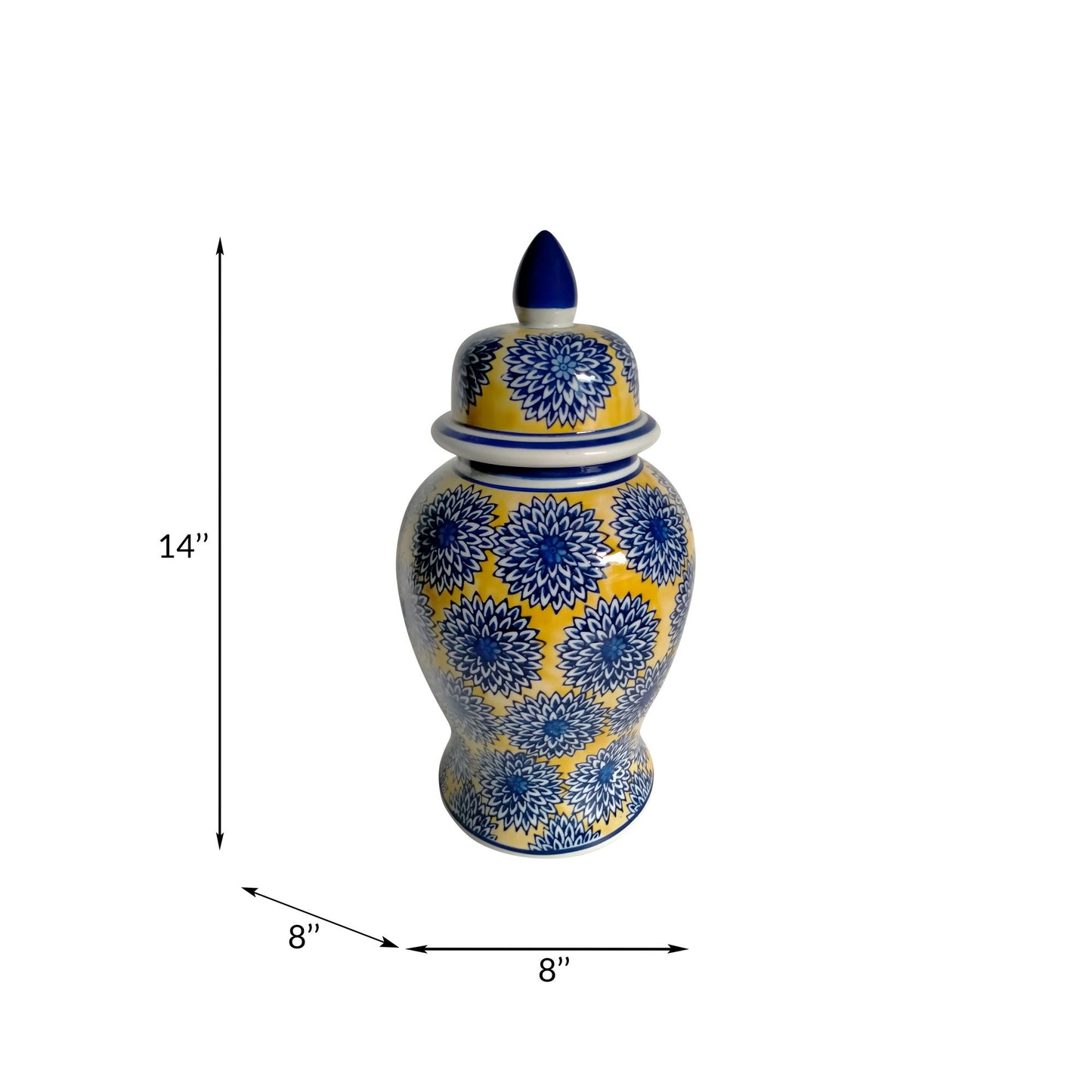 14" Temple Jar W/dalhia Flower,yellow/blue