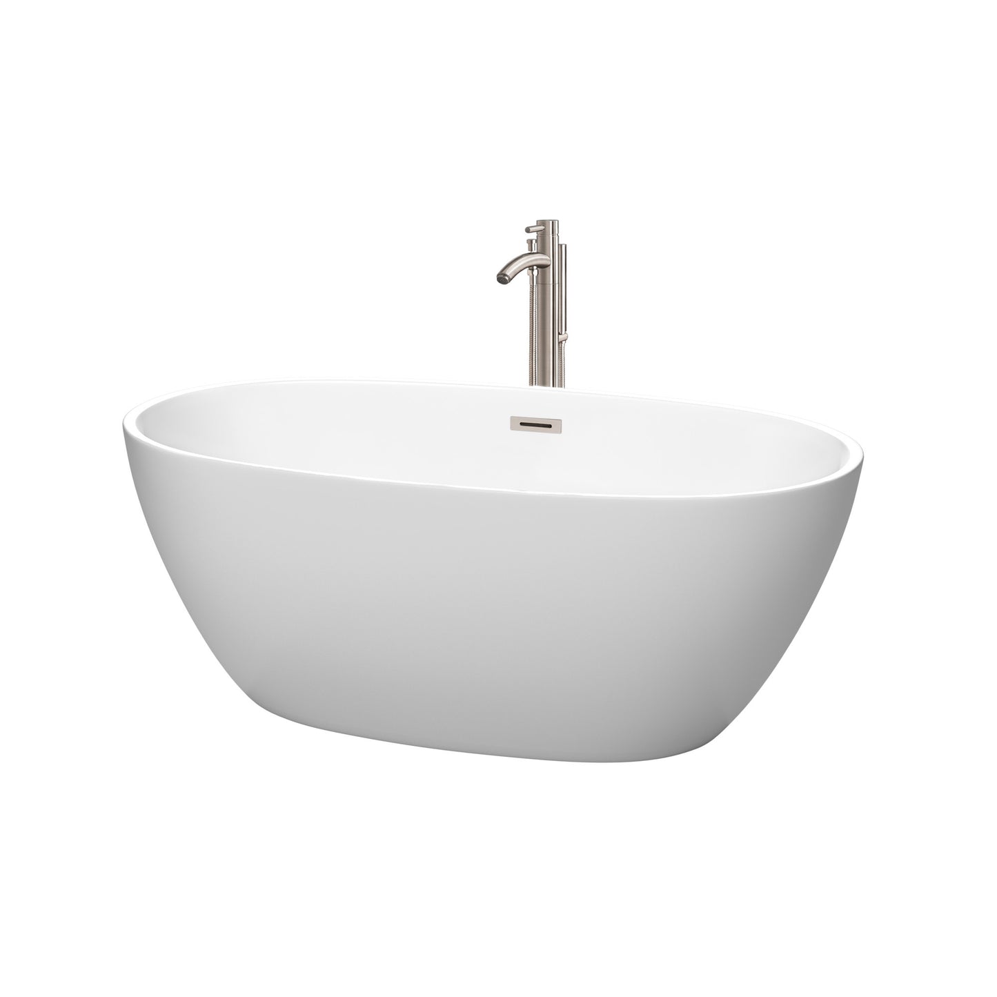 Juno 59" Freestanding Bathtub in Matte White, Trim in Brushed Nickel