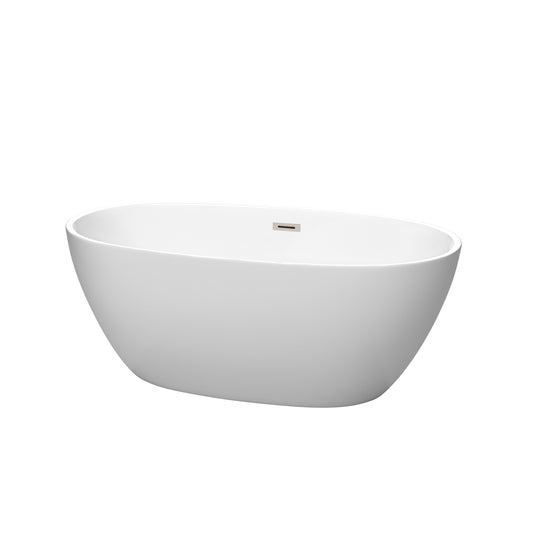 Juno 59" Freestanding Bathtub in Matte White, Brushed Nickel Drain, Trim