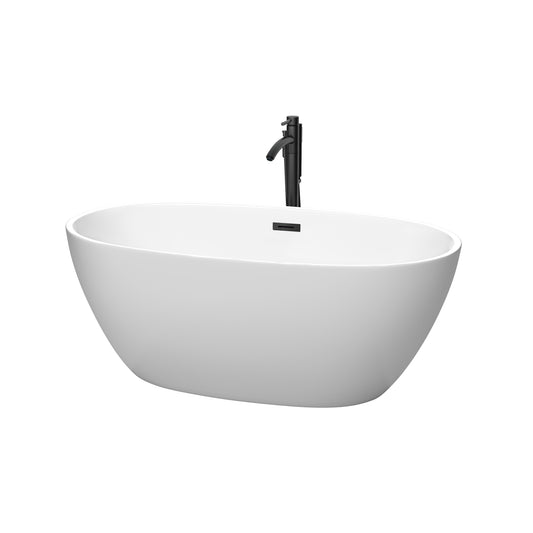 Juno 59" Freestanding Bathtub in Matte White, Overflow Trim in Matte Black